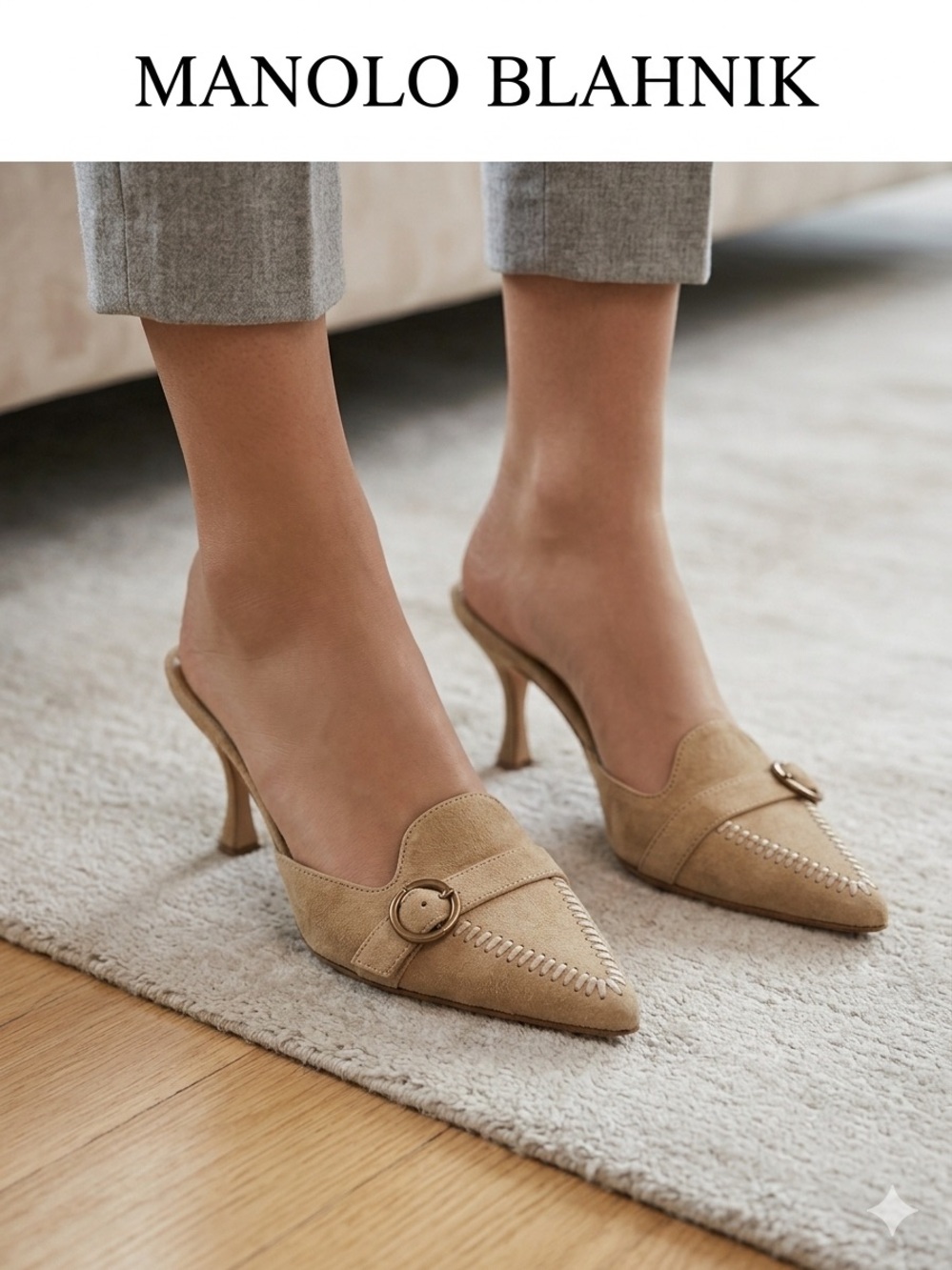 Vintage Manolo Blahnik Beige Suede Pointed Mule Kitten Heels Decorative Buckle